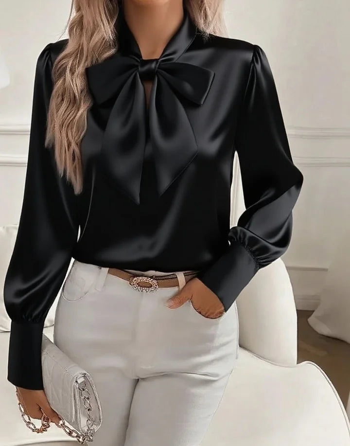 Amelia | Satin Bow-Tie V-Neck Blouse